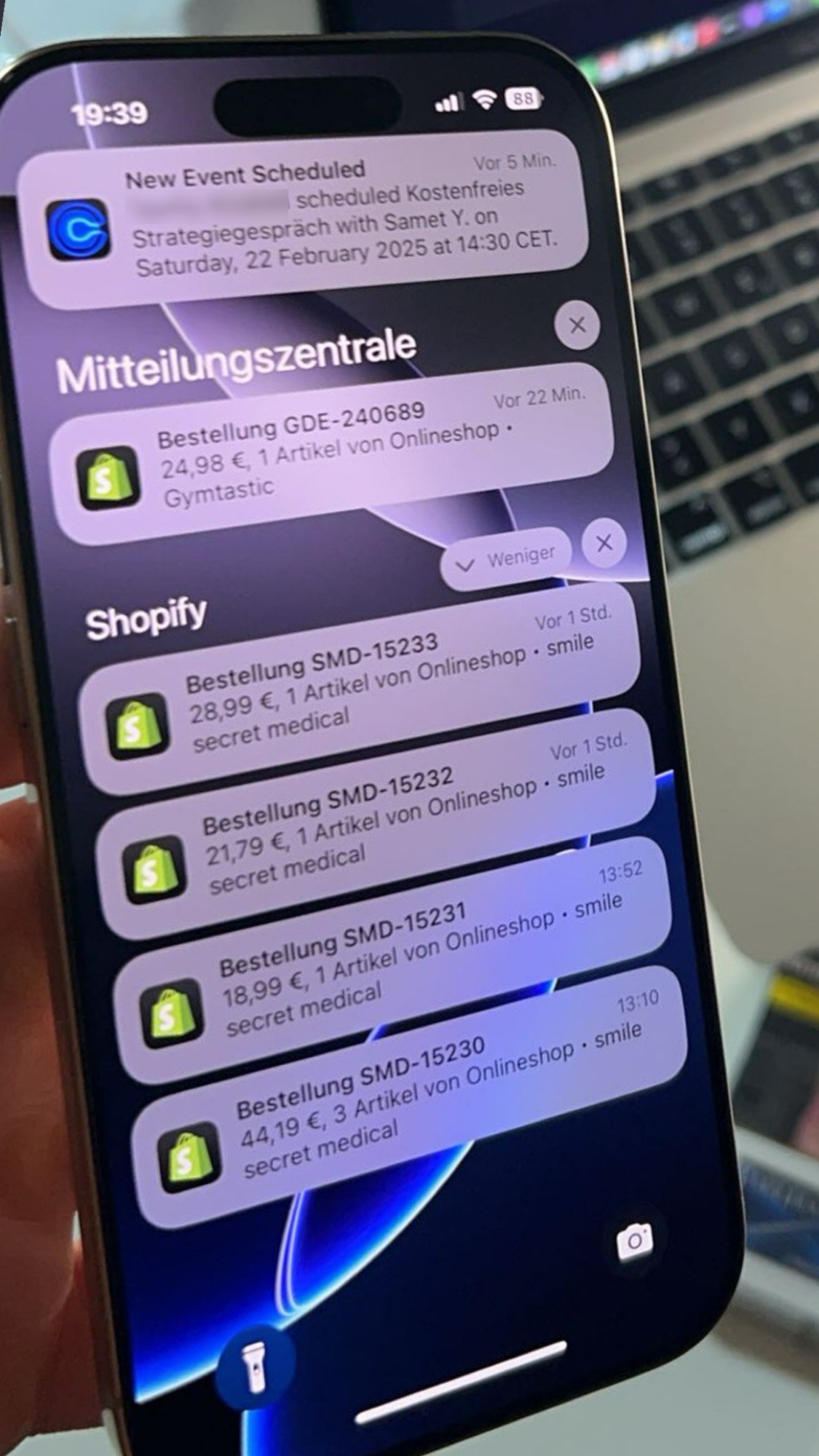 Benachrichtigungen Bestellungen und Termin